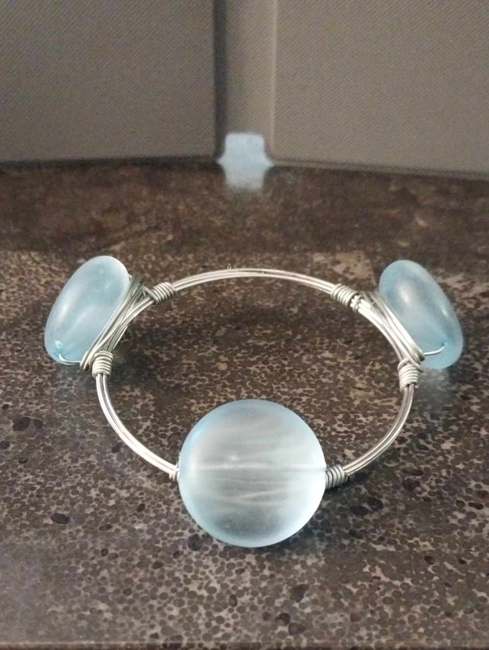 Delicate Light Blue Sea Glass Bead Wire Bangle Bracelet-3"